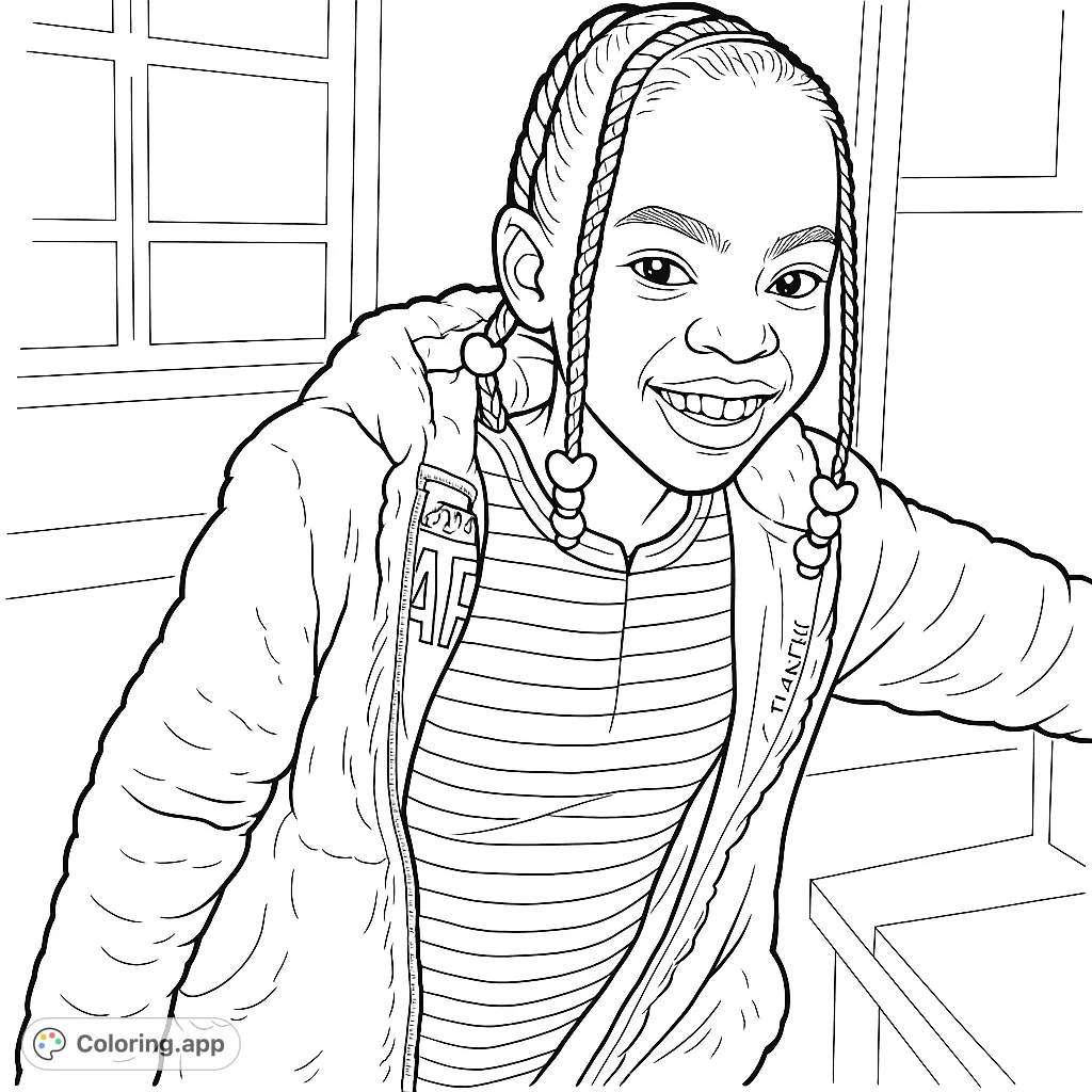 Capture the joyful spirit of a young girl with intricate braids and a warm smile in this charming portrait coloring page.