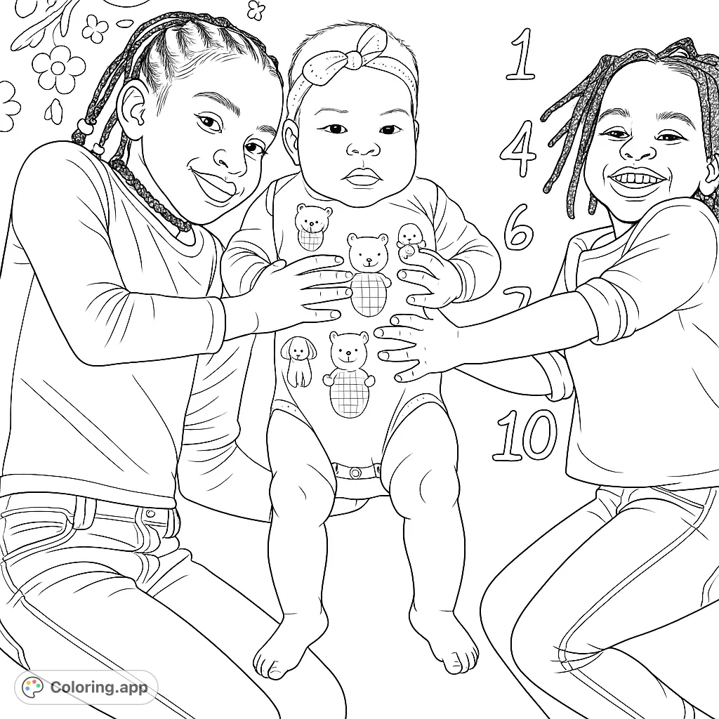 Capture a heartwarming moment of three siblings: two older children lovingly embracing their baby sibling on a milestone blanket. A joyful family scene perfect for coloring.