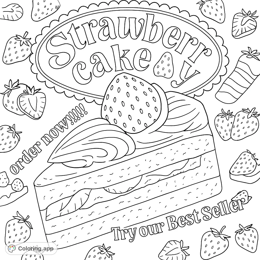 Indulge in this delightful dessert coloring page featuring a generous cake slice topped with a berry, surrounded by assorted sweet treats.
