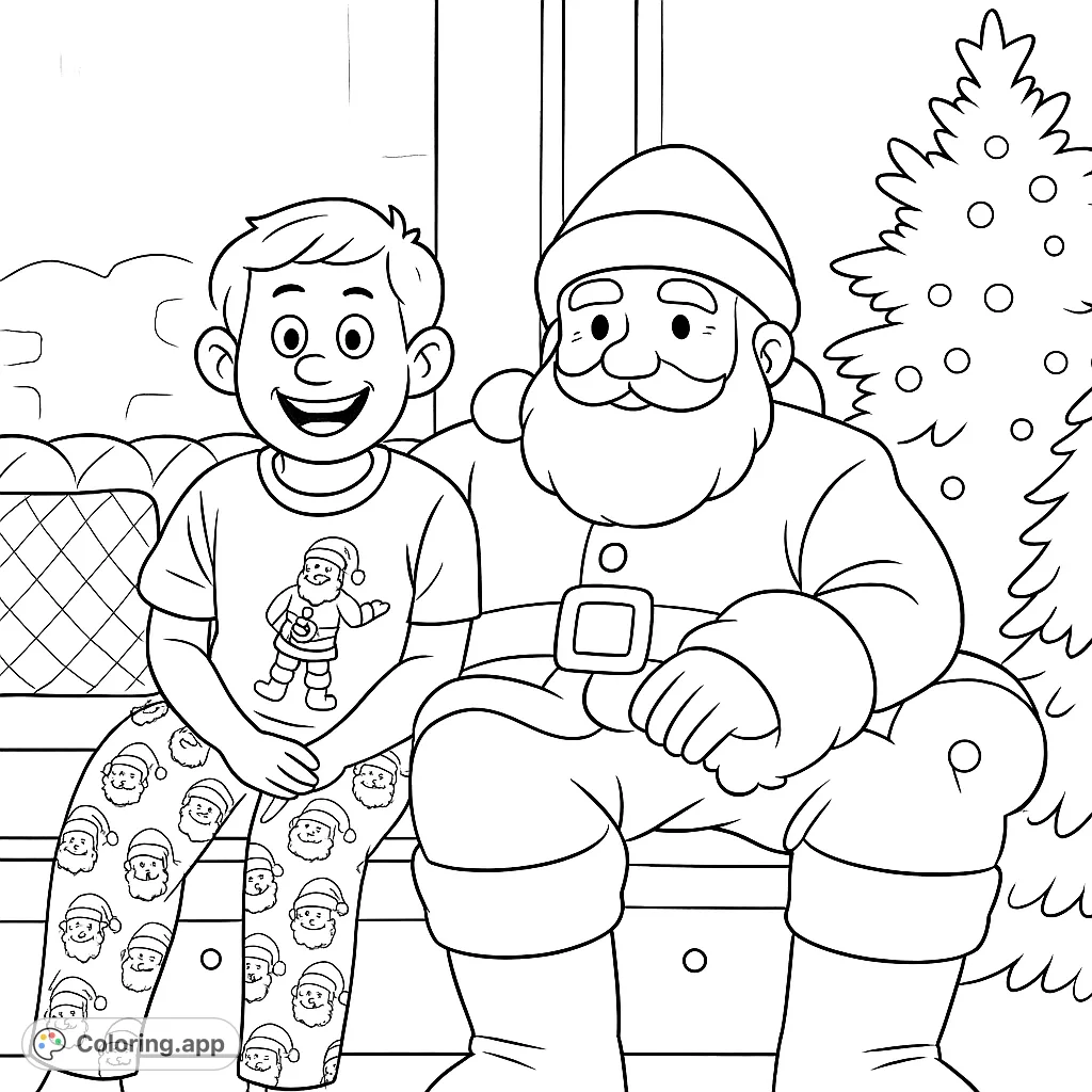 A heartwarming Christmas scene featuring a joyful boy in festive pajamas sitting with Santa Claus next to a decorated tree. Perfect for holiday fun!