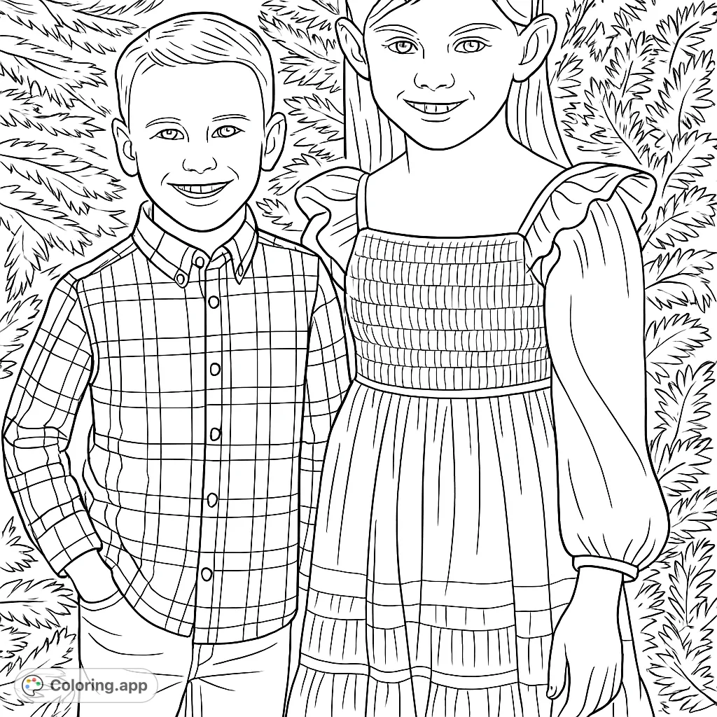 A heartwarming festive portrait of two children, a boy and a girl, standing in front of a snow-dusted evergreen tree, perfect for holiday coloring.