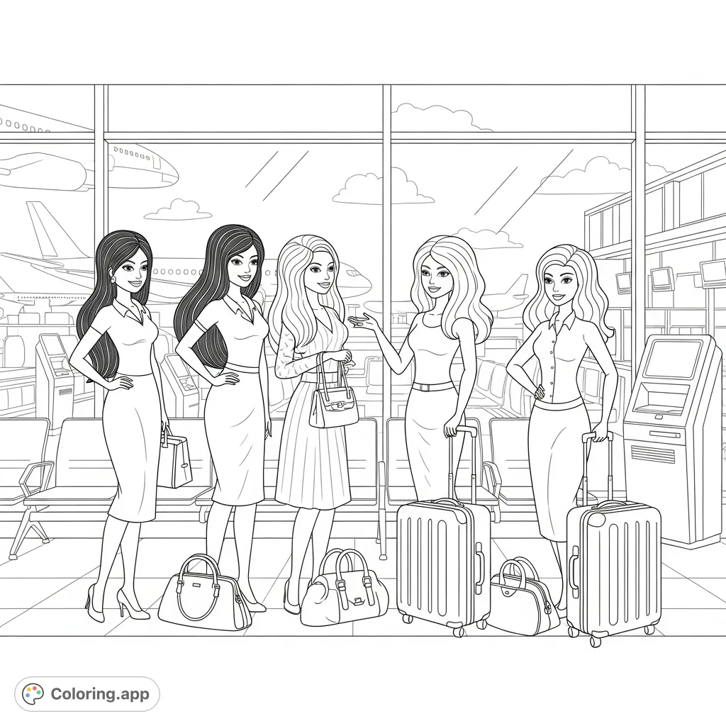 Color a scene of four diverse women with dark hair and curves navigating a dynamic airport terminal with luggage, blending travel excitement with modern style.