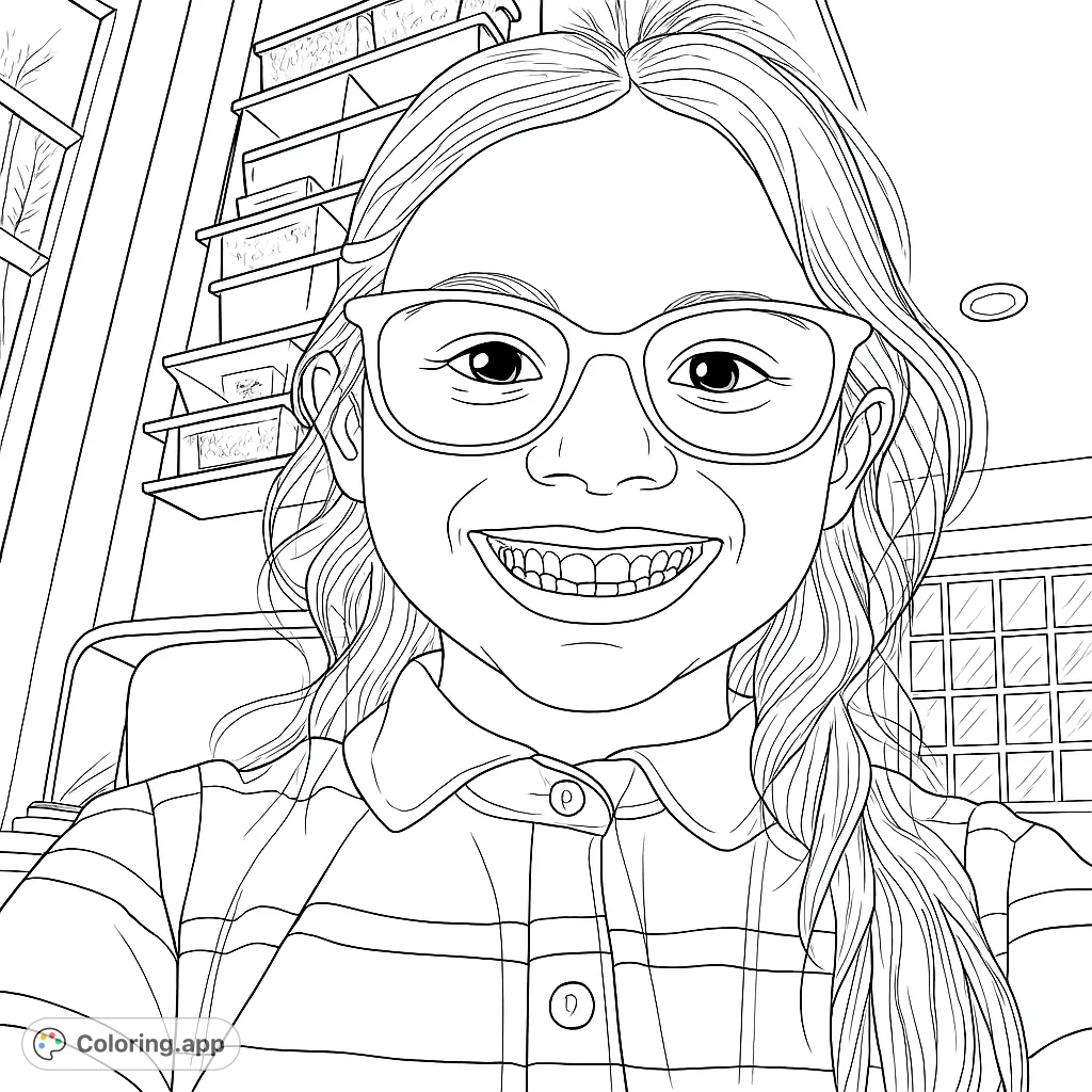 A cheerful child with glasses smiles broadly, ready for a creative coloring adventure. Features a striped shirt and home interior elements.