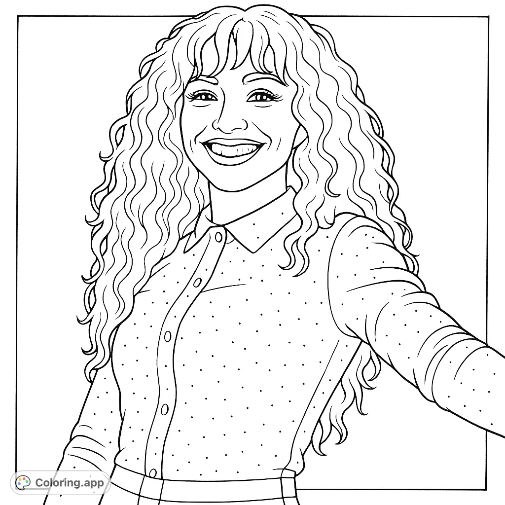 A captivating portrait of a smiling woman with voluminous curly hair and a sparkling, intricately patterned top. A detailed and engaging coloring experience.