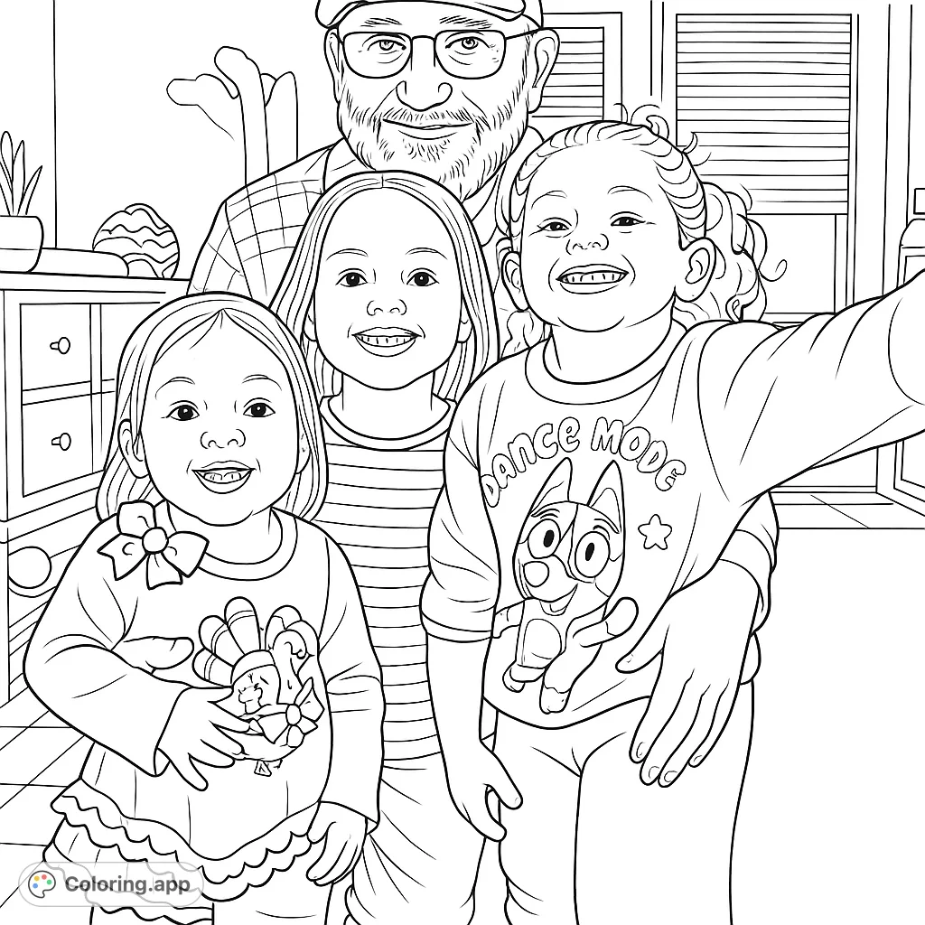 Capture a heartwarming family moment with a smiling grandfather embracing his three joyful grandchildren. A delightful scene for all ages to color and cherish.