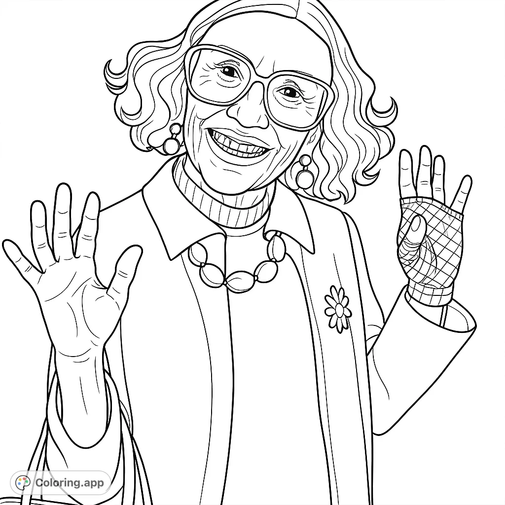 Color an expressive woman with a big smile, braces, trendy glasses, and unique accessories. A detailed portrait for creative relaxation.