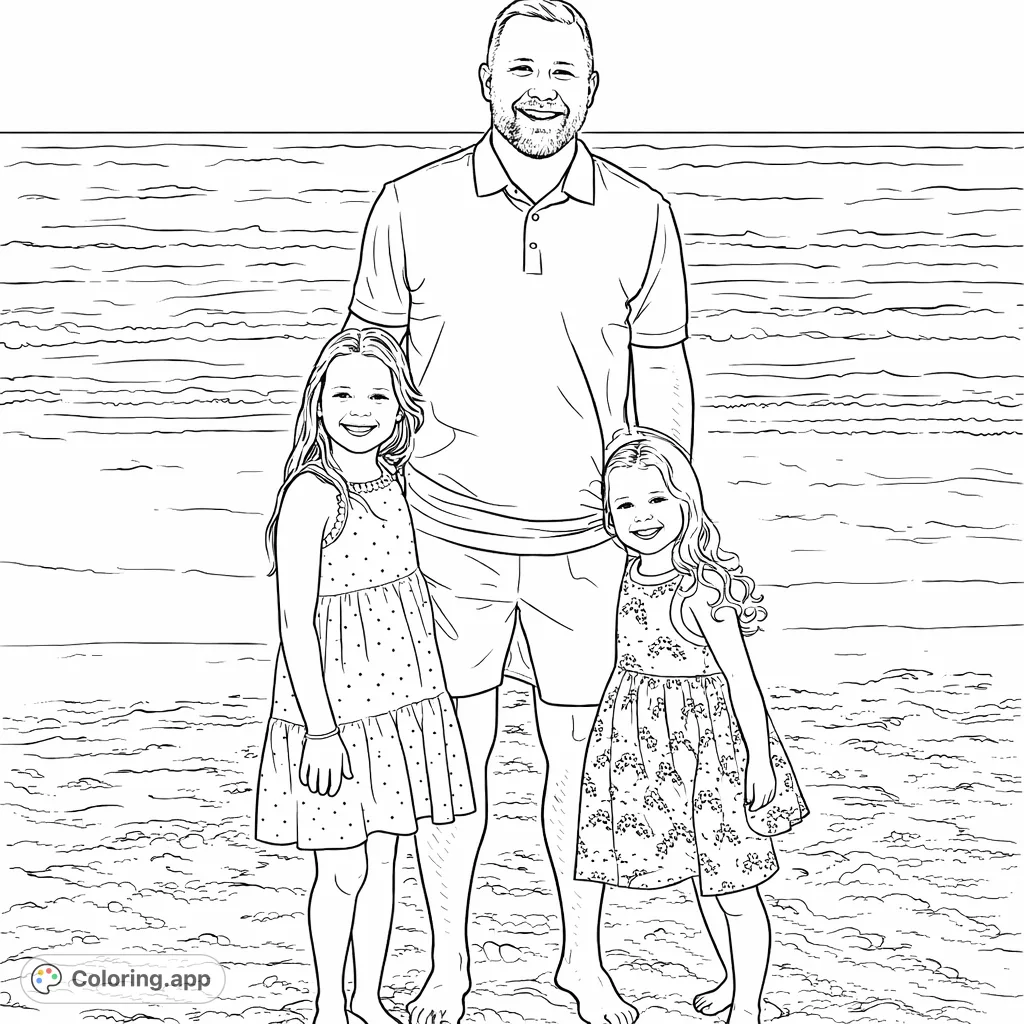 Capture joyful family memories with this free printable beach day coloring page featuring a dad and his two daughters on the sand.