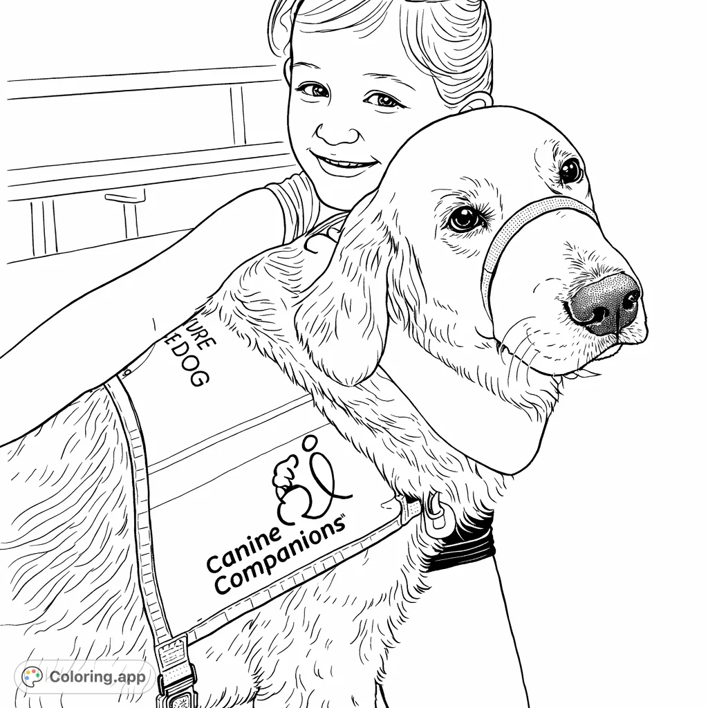 A heartwarming future service dog coloring page featuring a smiling girl hugging her gentle canine companion. Perfect for fostering empathy and celebrating animal helpers.
