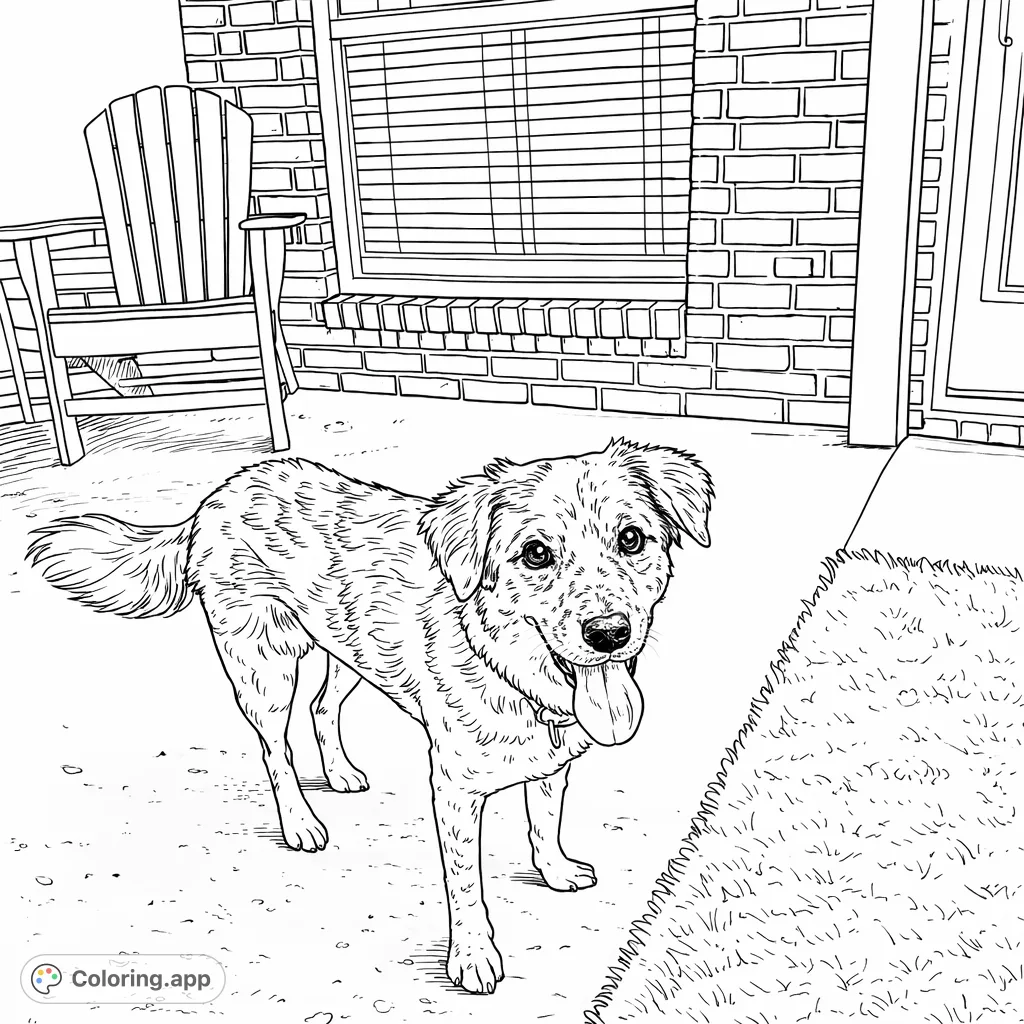A charming dog with a friendly expression stands on a patio, ready for creative coloring. Features a textured brick wall and outdoor elements for a delightful scene.