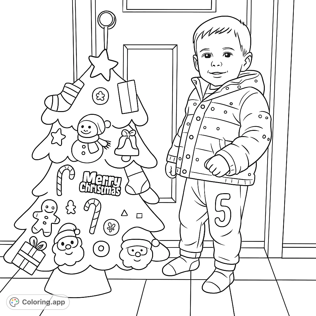 A charming coloring page featuring a child smiling beside a delightful felt Christmas tree adorned with various holiday ornaments like Santa, gingerbread, and gifts.