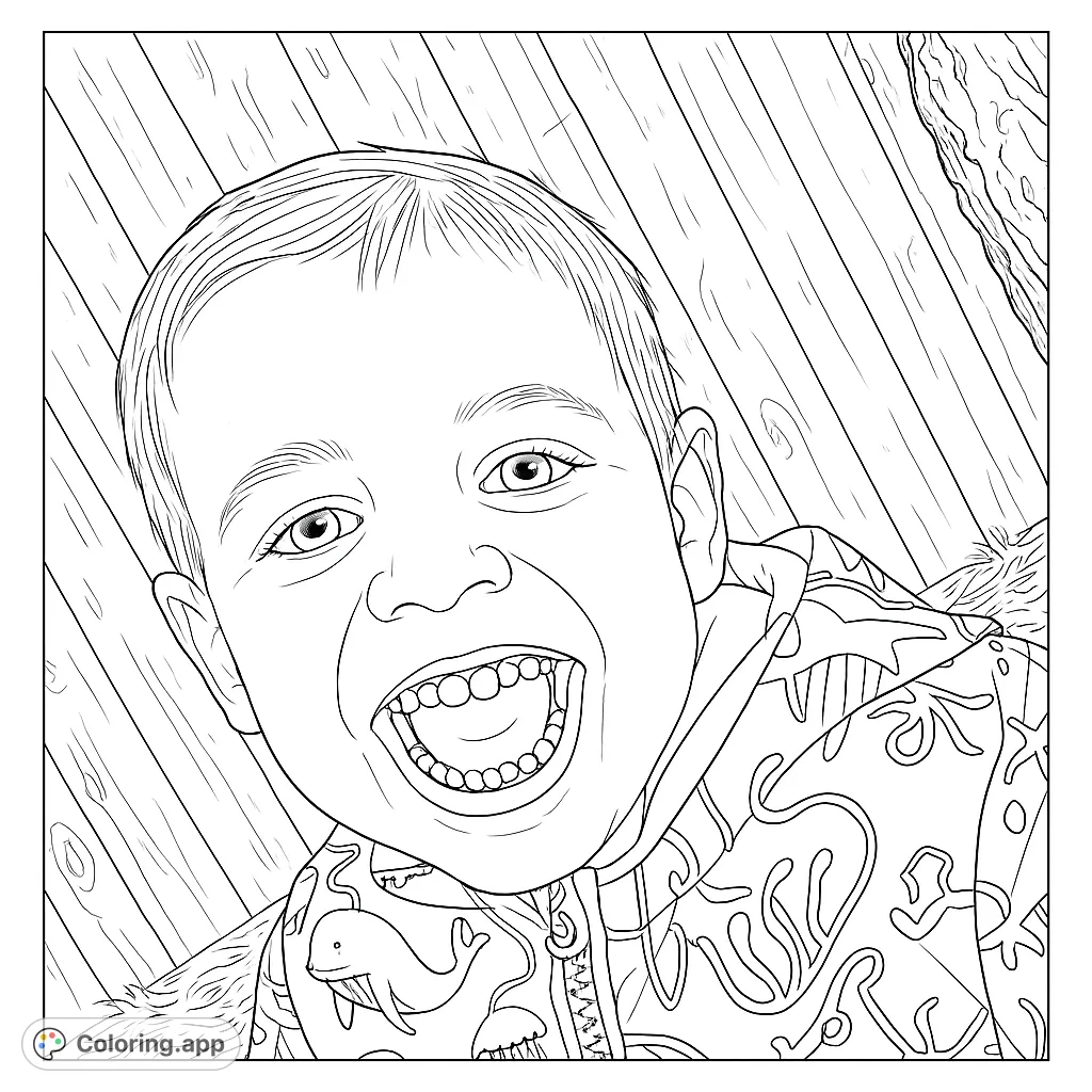 Capture pure joy with this happy child coloring page, featuring a wide smile, playful dinosaur jacket, and a rustic wooden fence background. Delightful!