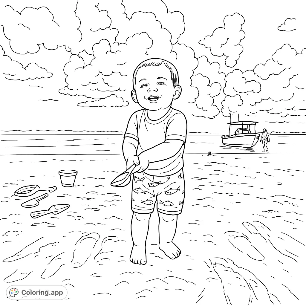 A cheerful toddler enjoys beach play with sand toys, set against a backdrop of tranquil waters, a distant boat, and fluffy clouds. Perfect for young beach lovers!