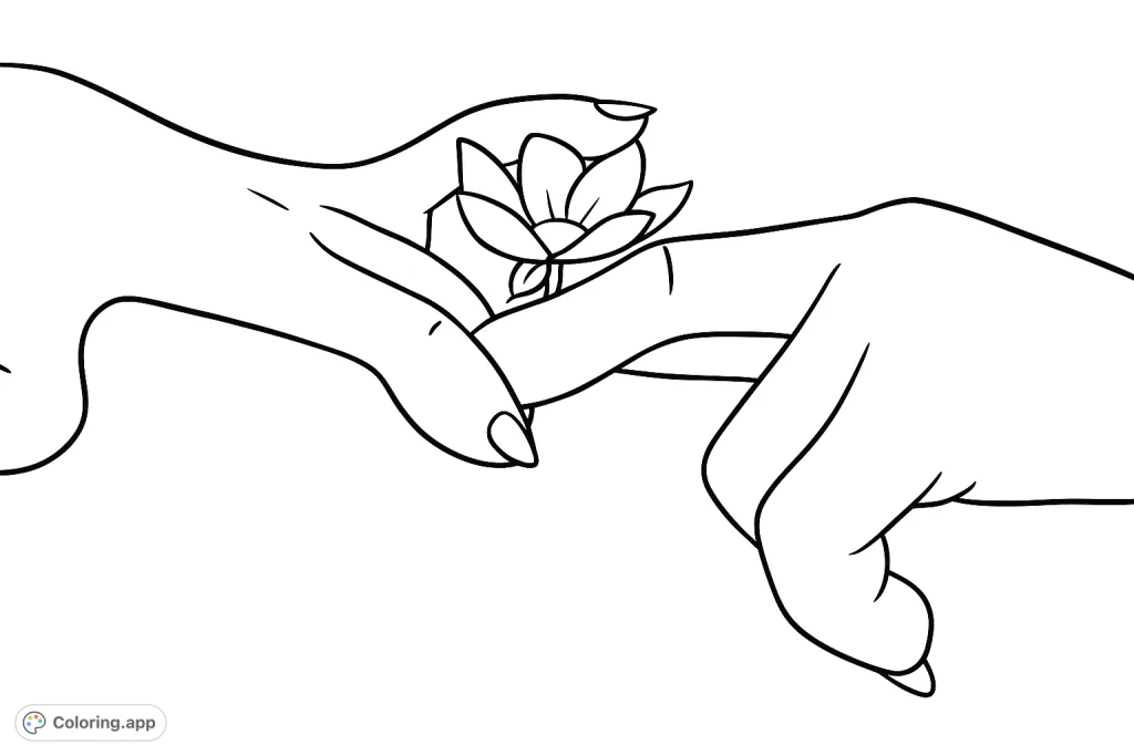 A heartwarming free printable coloring page featuring two hands gently interacting with a delicate flower. Perfect for expressing connection and care.