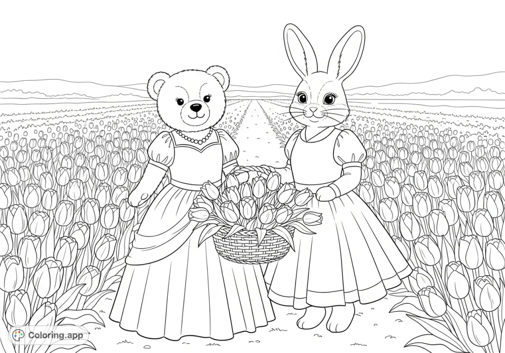 A delightful bear and bunny, dressed in fashionable gowns, stand in a vibrant tulip field, one holding a basket of fresh tulips. A charming scene for coloring!