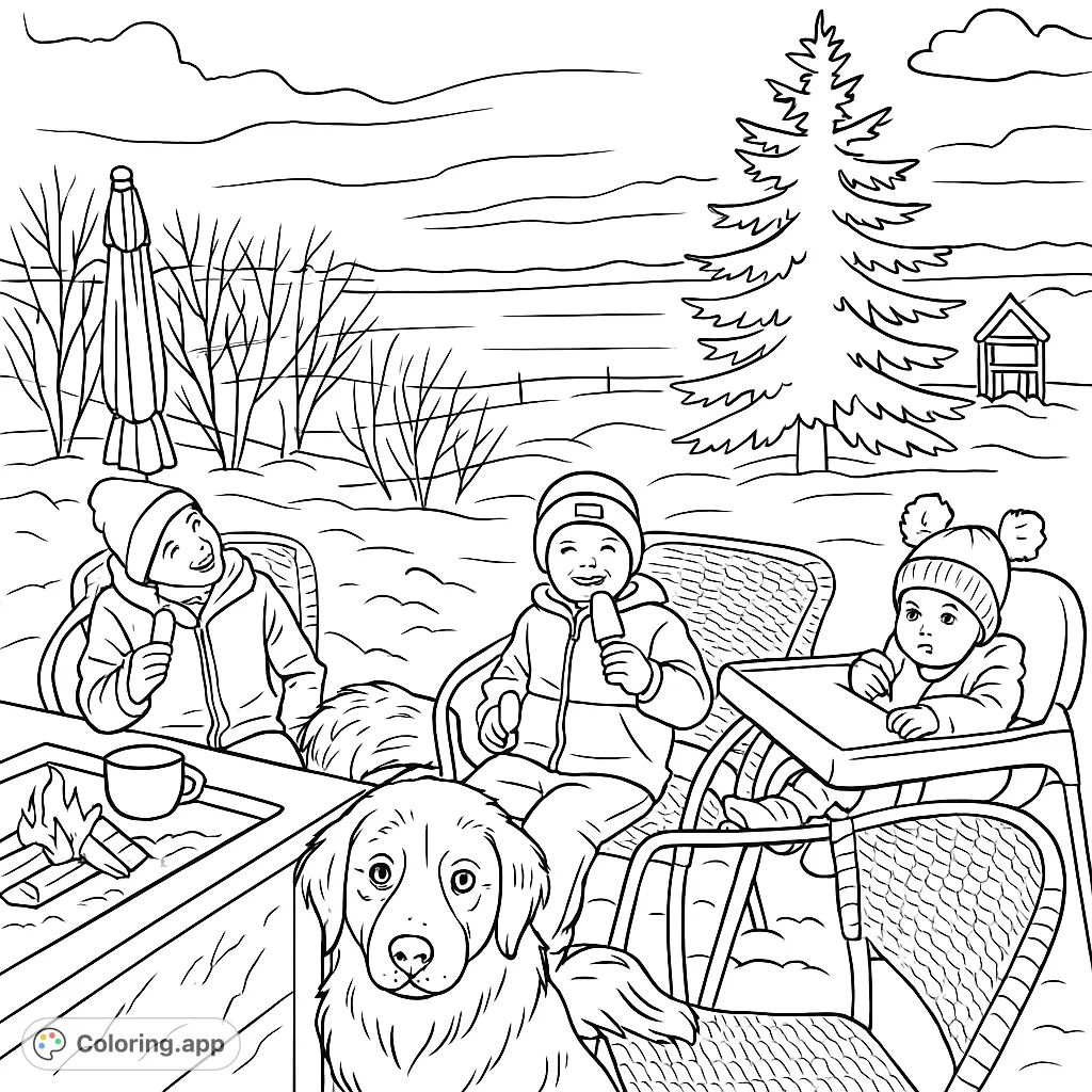 Gather around the fire pit for a cozy winter family scene with children and playful dogs. A delightful outdoor winter family coloring page.