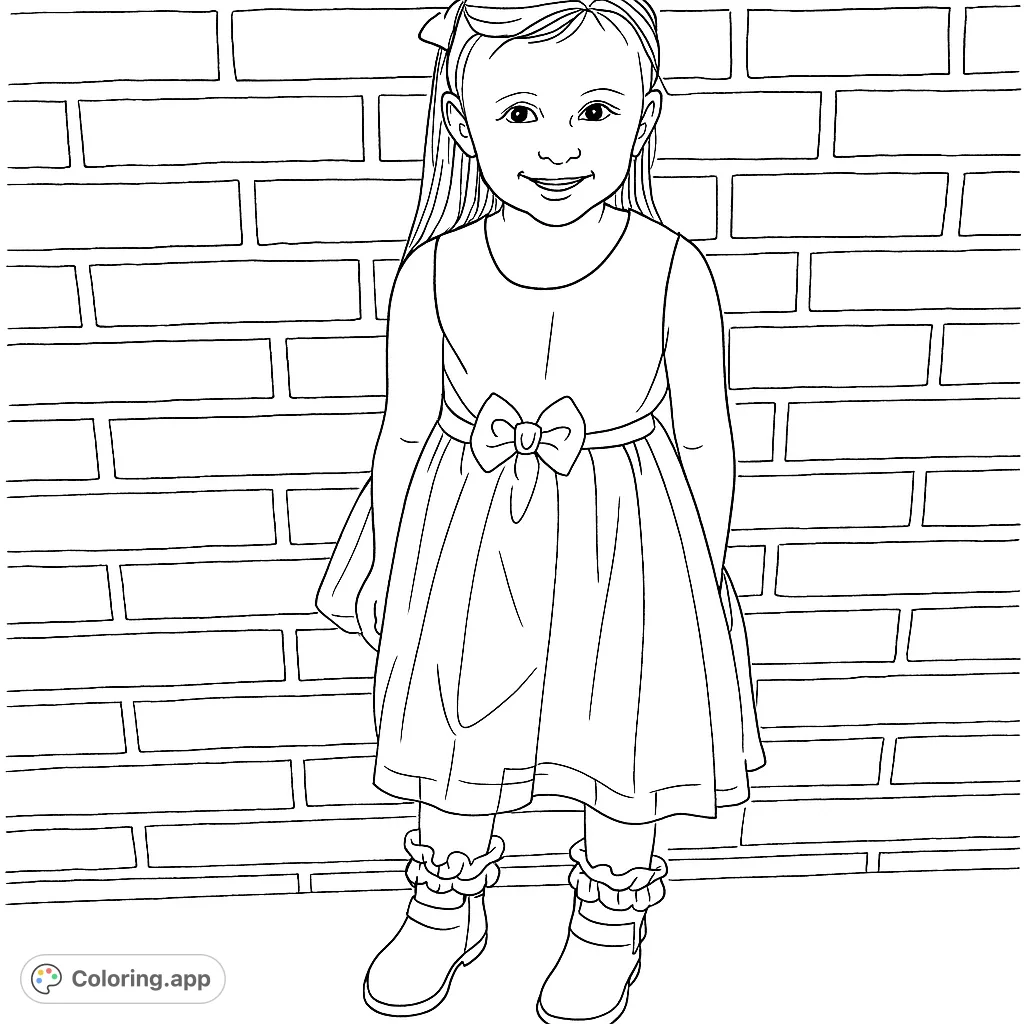 A delightful coloring page featuring a smiling young girl in a layered dress with a bow, standing against a textured brick wall. Perfect for creative expression.