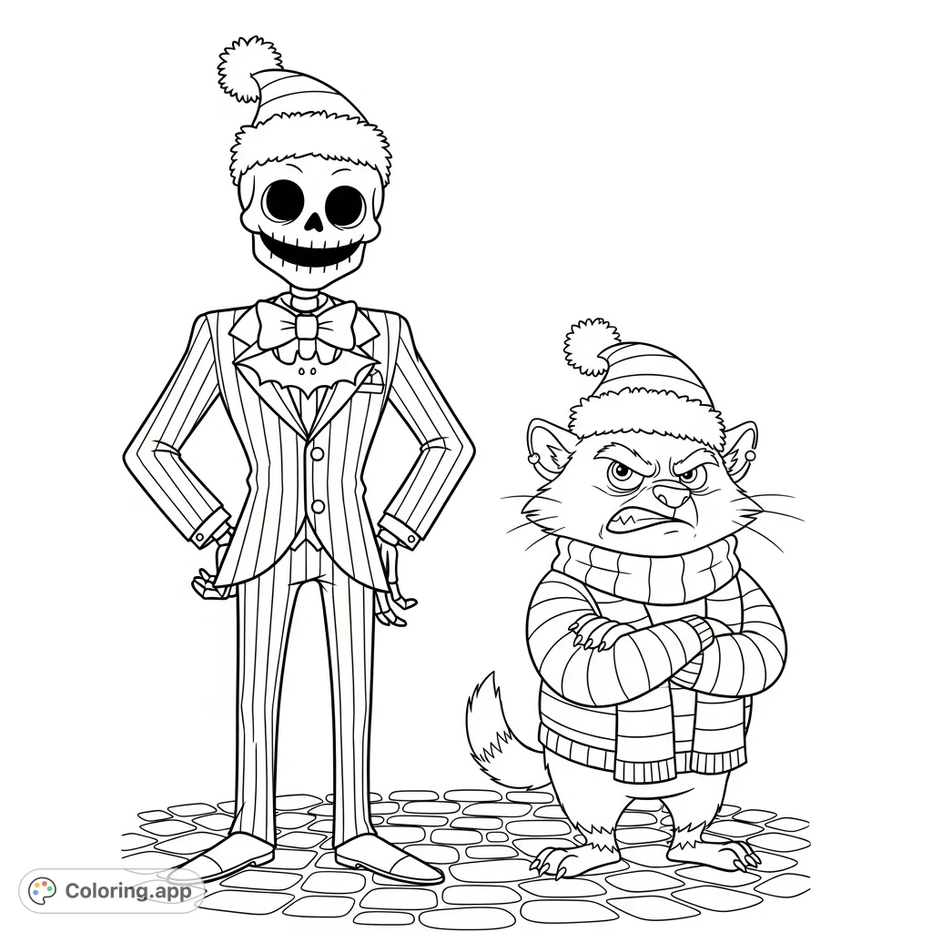 Color this quirky duo! A skeletal figure in a pinstripe suit and a scowling furry creature in festive hats stand on a cobblestone path, ready for your creative touch.