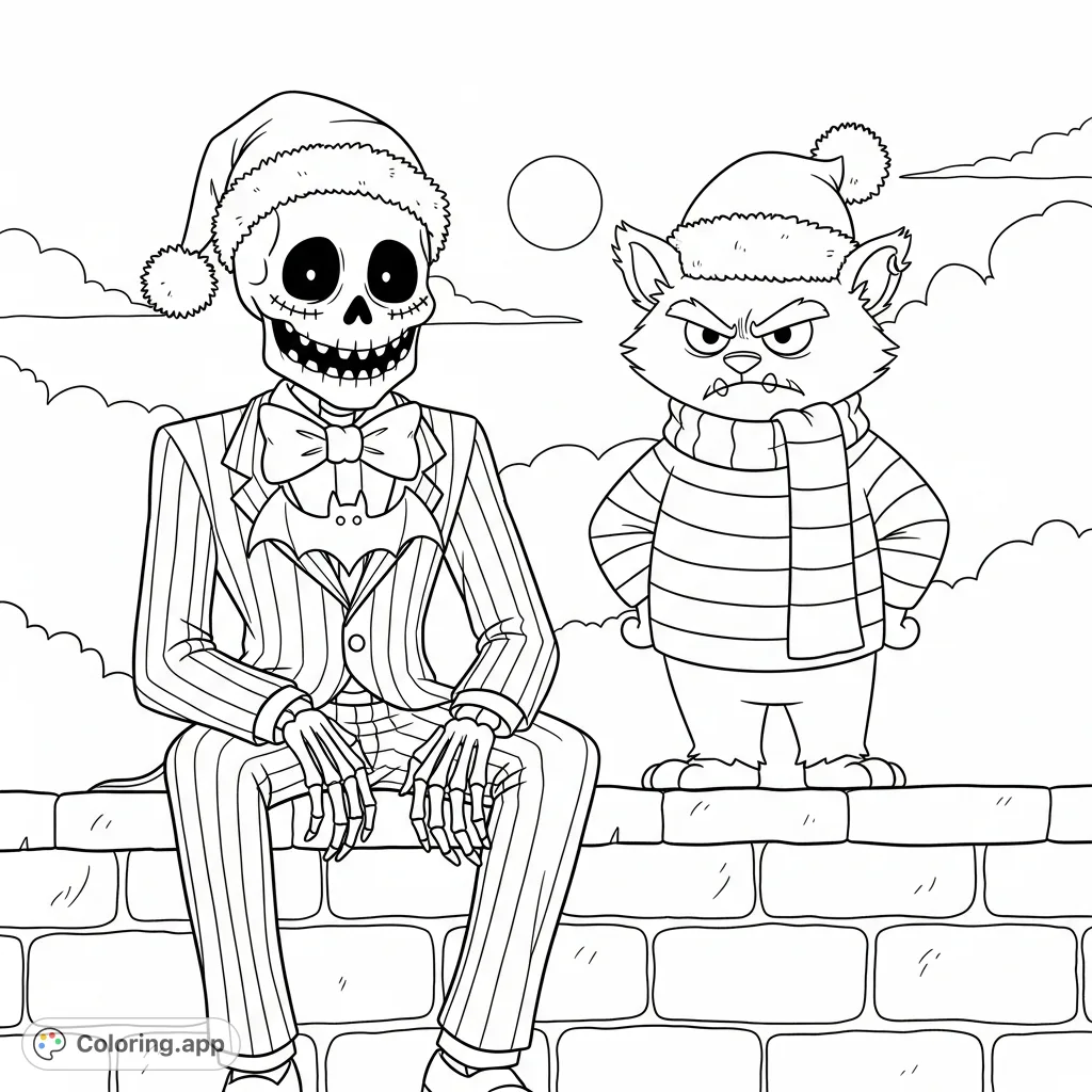 A whimsical coloring page featuring a grinning skeletal figure in a pinstripe suit and a mischievous furry creature with striped attire under a full moon.