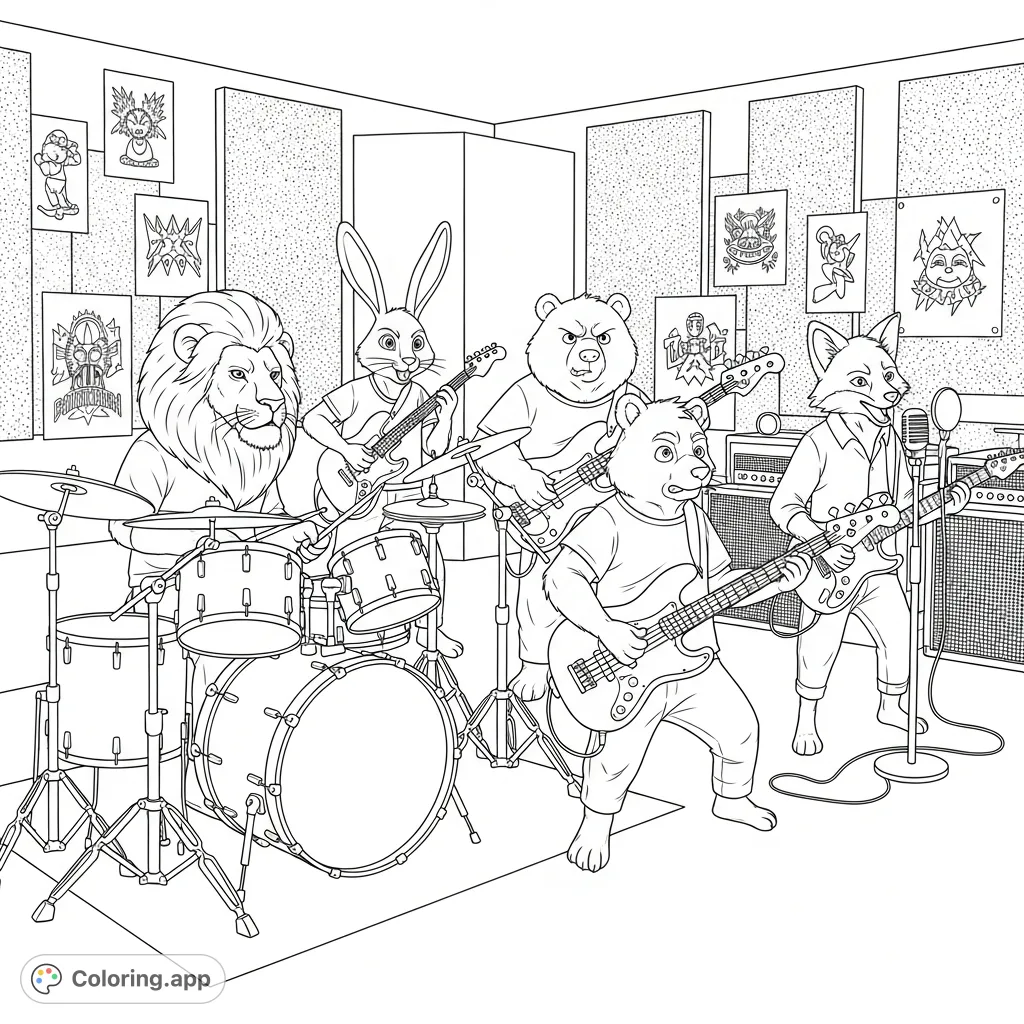Unleash your creativity with this animal rock band coloring page! Four charismatic animals perform in a detailed studio, perfect for music lovers.