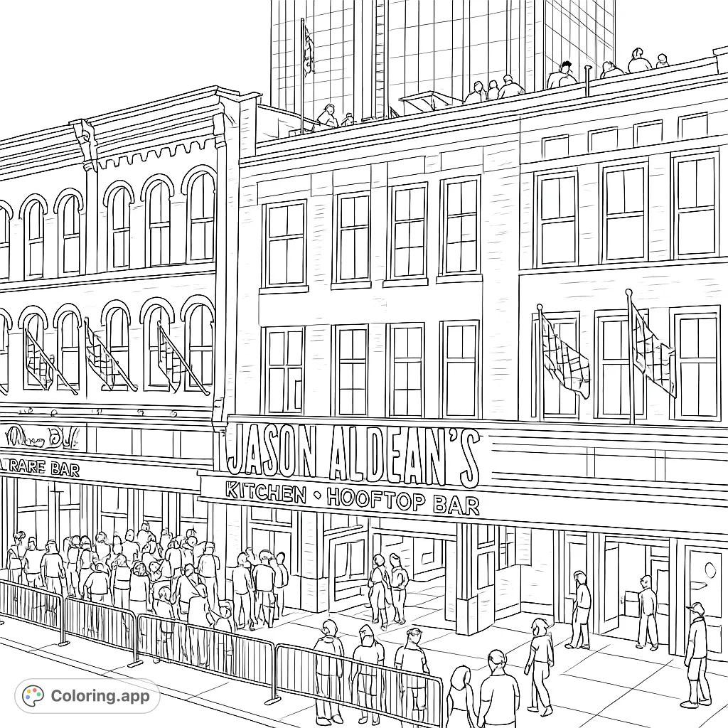 Capture the lively energy of a city bar scene with a detailed brick building, bustling crowds, and rooftop views, perfect for urban explorers.