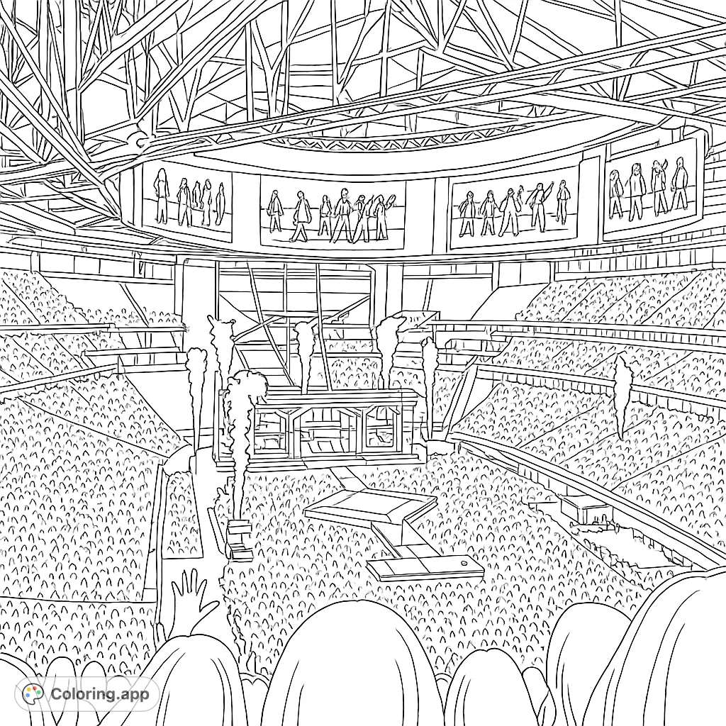 Experience the electrifying energy of a live stadium concert, featuring a grand stage, pyrotechnics, and a massive crowd, ready for your creative touch.