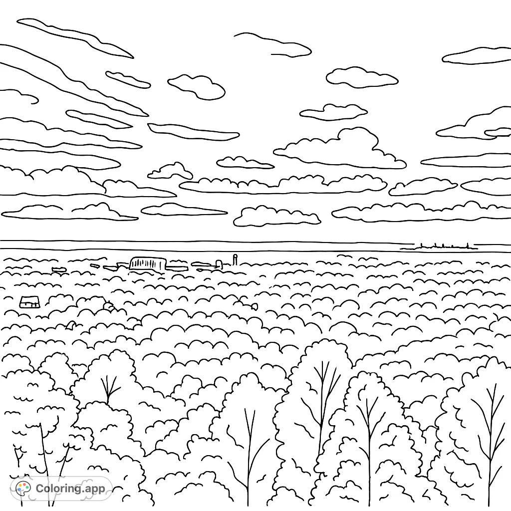 Explore a vast panoramic landscape featuring a dense forest, a distant city skyline with buildings and a water tower, all under a dynamic sky.