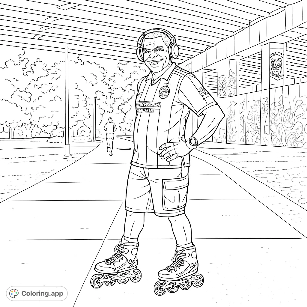 Skate into fun with this rollerblading man under a vibrant graffiti-covered bridge! A dynamic urban scene for all ages to color.