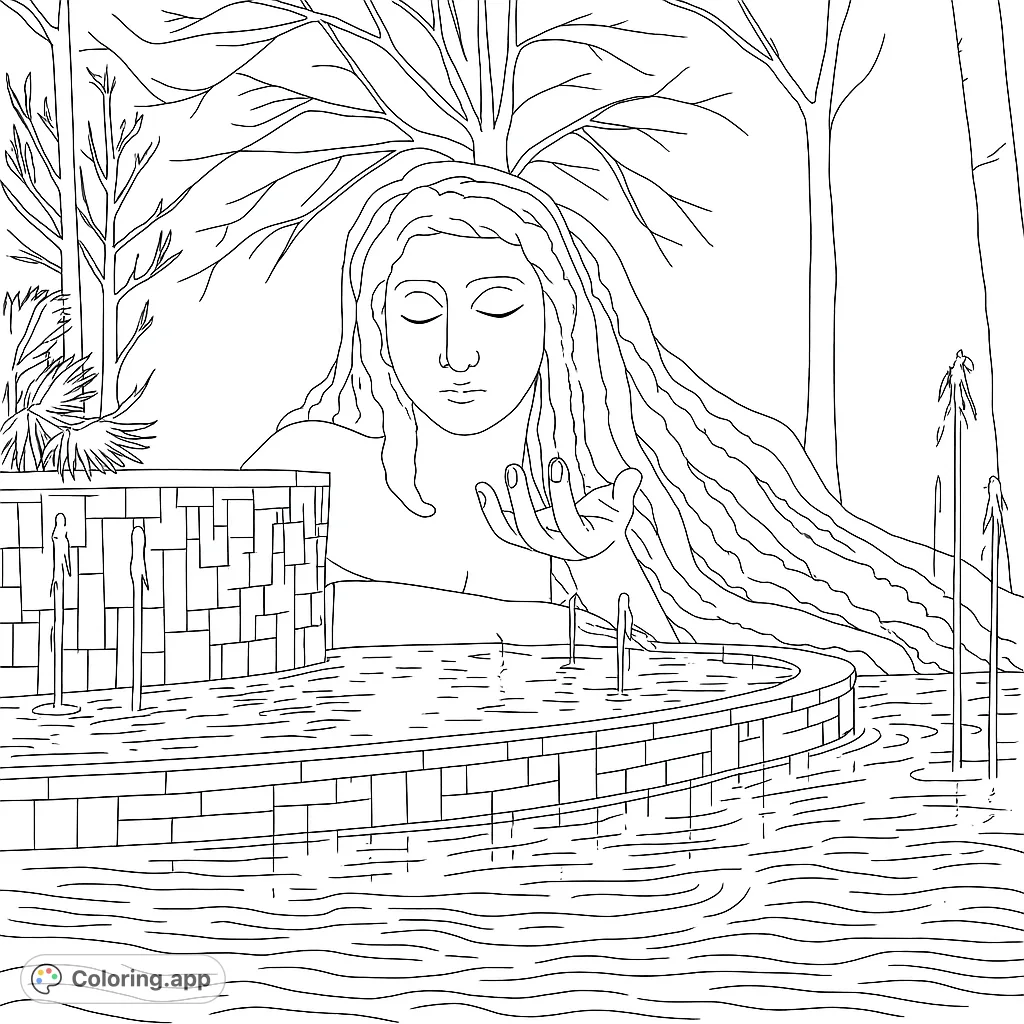 Color a majestic goddess sculpture emerging from a multi-tiered fountain, featuring flowing hair, a serene expression, and intricate water details.