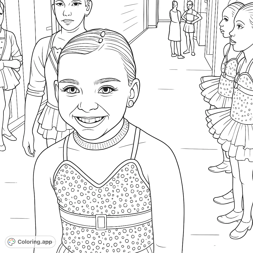 A delightful close-up of a young dancer, beaming with a gap-toothed smile, adorned in a sequined costume and sparkling jewelry, ready for her performance.