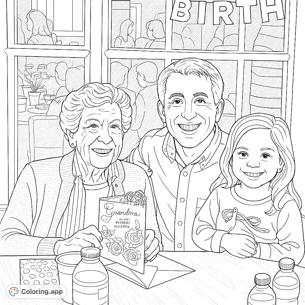 A heartwarming family celebration scene with a grandmother, father, and granddaughter smiling brightly, surrounded by festive details. Perfect for all ages.