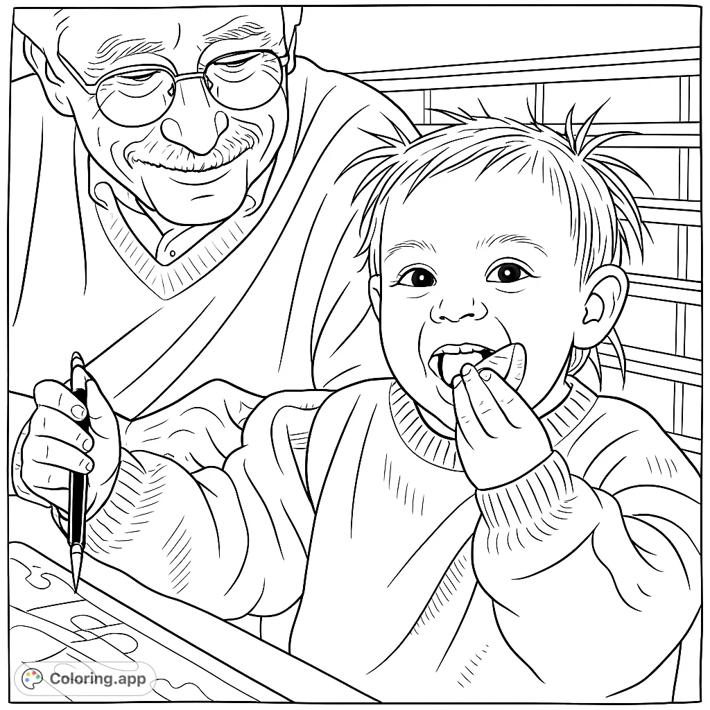 Capture a heartwarming moment of a grandfather and child, smiling and engaged. This free printable family coloring page brings joy and connection to life.