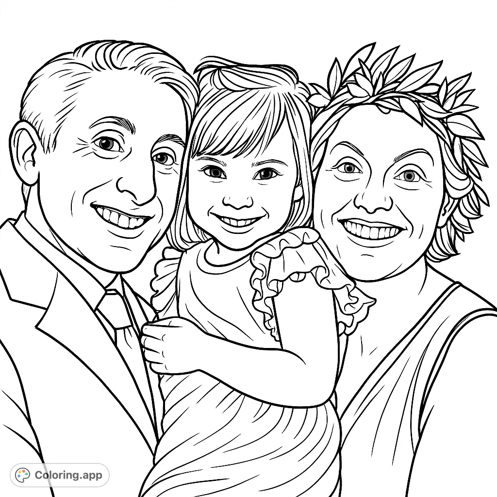 A heartwarming family coloring page featuring a man, a child, and a woman smiling happily, celebrating family bonds and creative expression.
