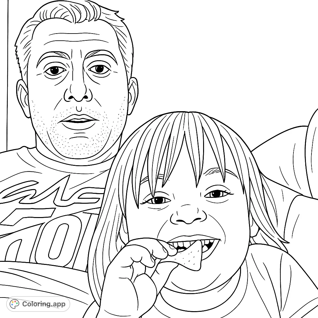 Capture a heartwarming moment of a father and child sharing a joyful snack. This family coloring page depicts a candid scene of togetherness and happiness.
