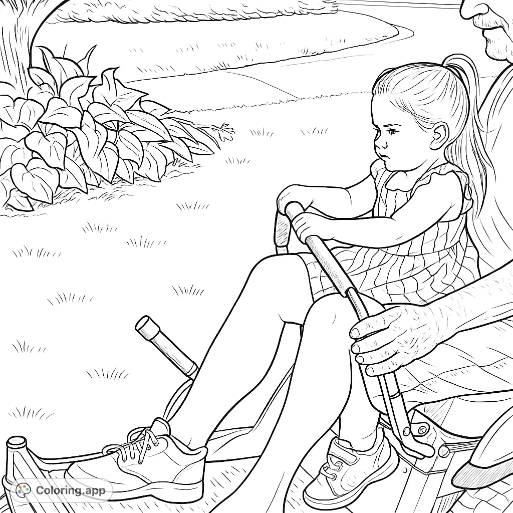 Capture a heartwarming scene of a child learning to drive with an adult. This family fun coloring page offers a charming outdoor setting.