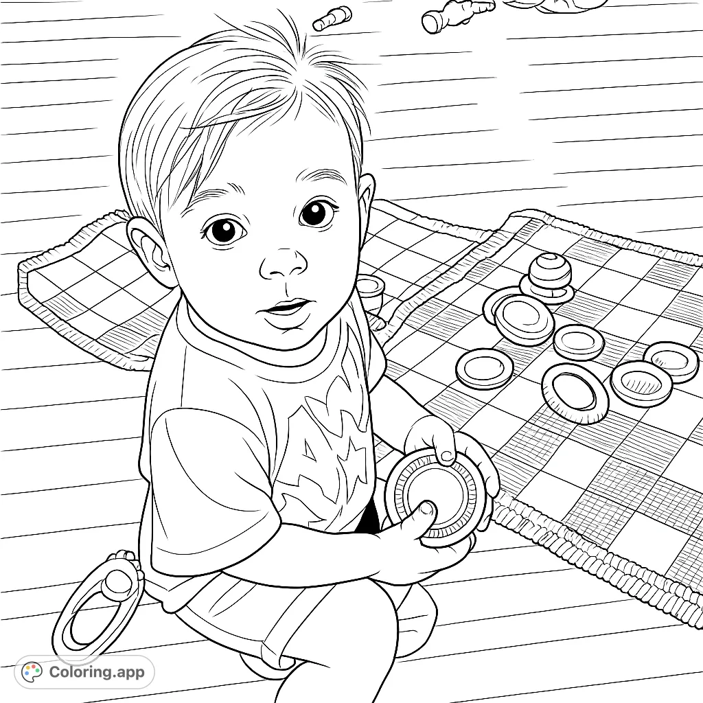 A charming coloring page of a curious child playing with checker pieces on checkerboard rugs, surrounded by toys. A fun, engaging scene for all ages.