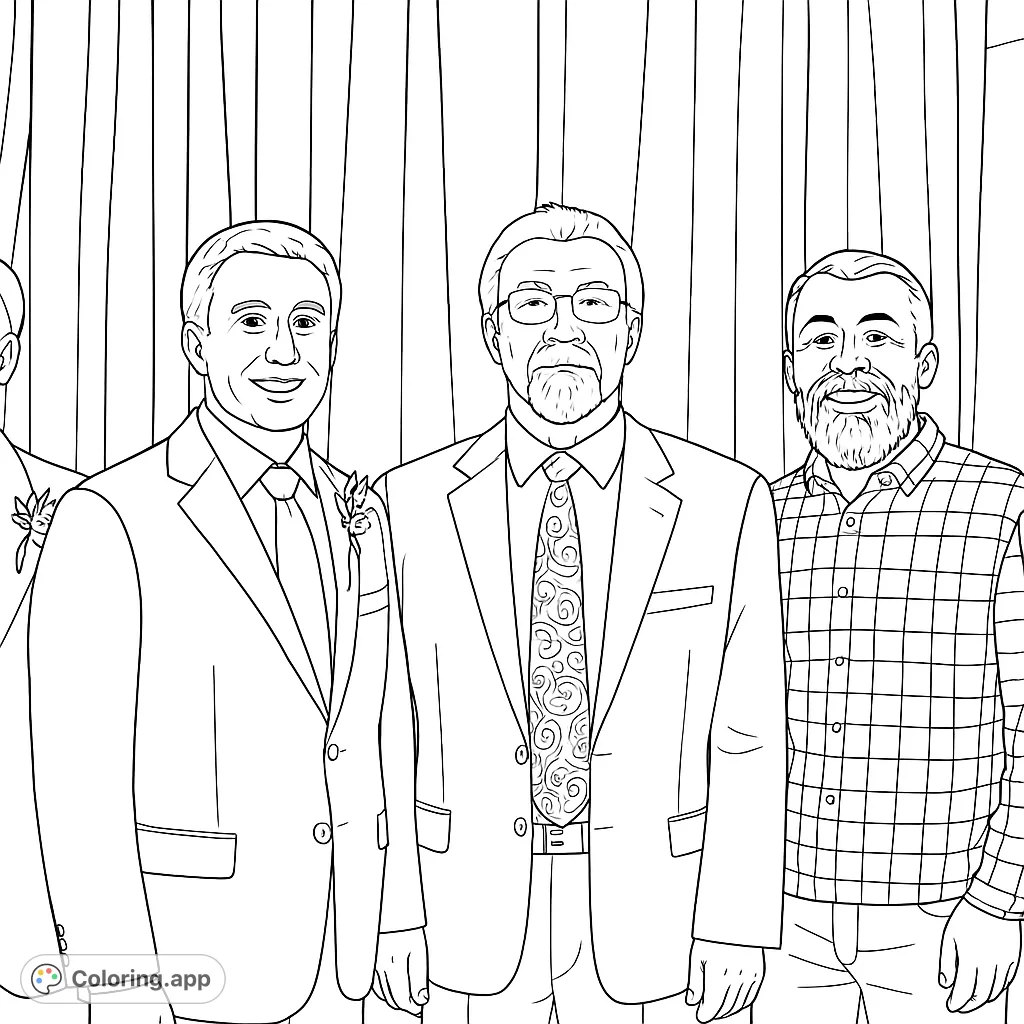 A heartwarming group portrait of four men, featuring detailed suits, patterned ties, a plaid shirt, and draped fabric backdrop, perfect for personalizing.