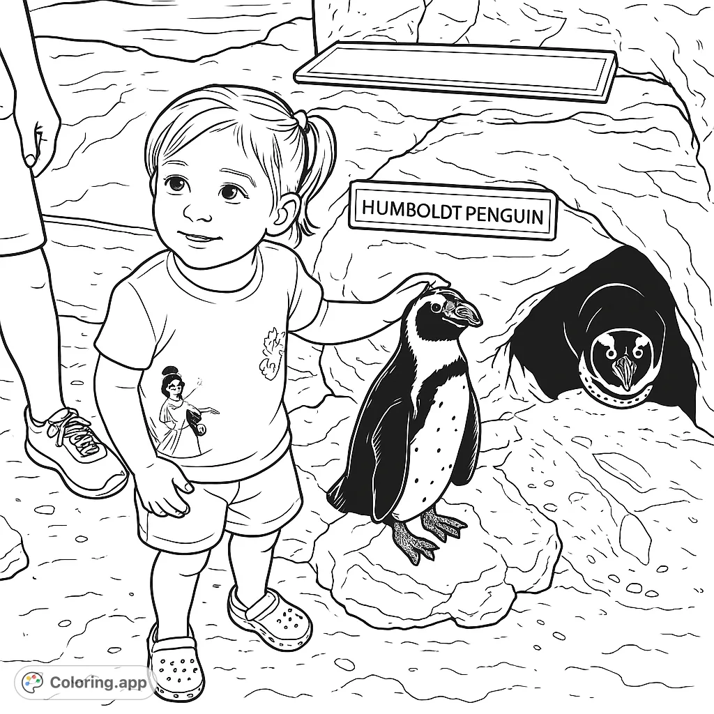 A delightful scene of a toddler interacting with a Humboldt penguin statue, with a real penguin peeking from its rocky habitat. Perfect for young animal enthusiasts!