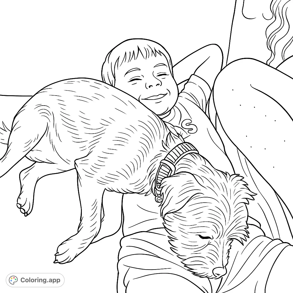 A heartwarming scene of a child and their shaggy dog relaxing together on a couch. This free printable pet coloring page captures a moment of tranquil companionship.