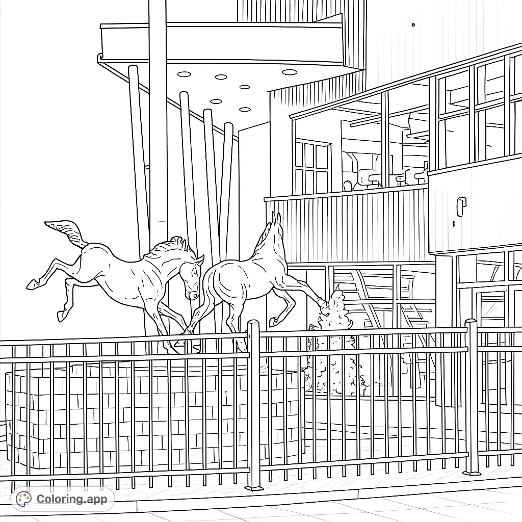 Color this striking scene featuring majestic horse sculptures set against a modern architectural backdrop, complete with a detailed fence and intricate building windows.