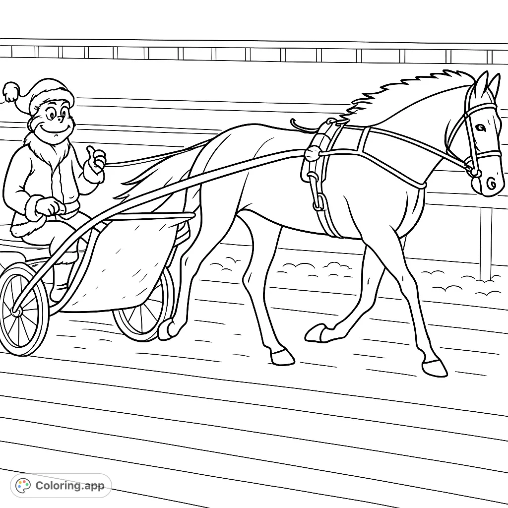 A whimsical scene of a horse pulling a sulky, driven by a character in a festive costume on a track. Unleash your creativity with this unique racing design.