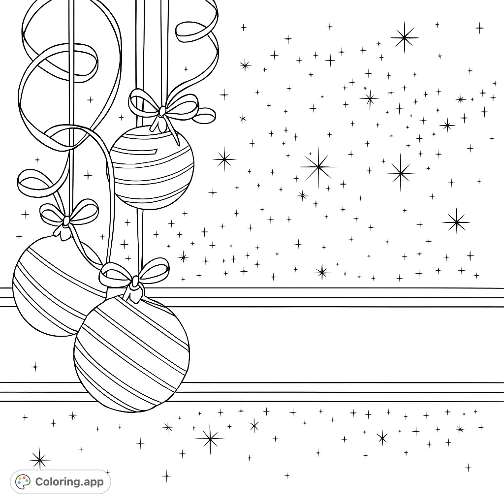 A charming festive scene featuring three spherical ornaments, flowing ribbons, and a decorative banner amidst a starry background. Perfect for holiday cheer!