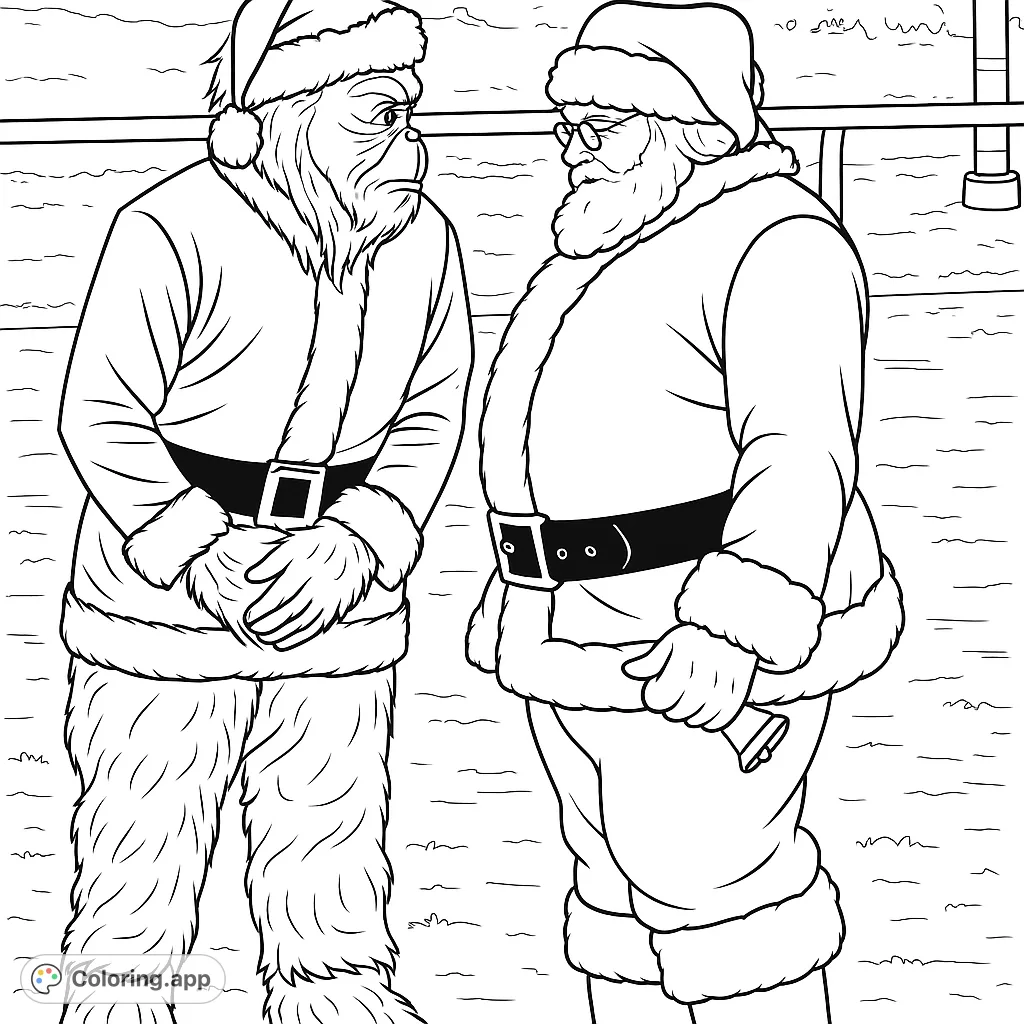 Capture the unexpected encounter between two beloved festive characters, one with a textured appearance and the other a classic jolly figure, perfect for holiday coloring.