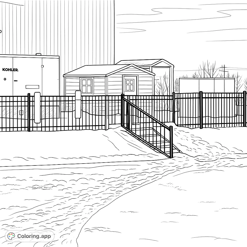 Explore an industrial winter scene featuring a generator, shed, containers, and a fence, all nestled under a blanket of snow. Perfect for realistic shading.