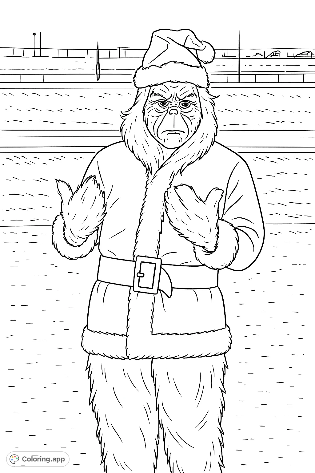 Color a mischievous holiday character in a festive suit, striking a pose against a snowy backdrop. Perfect for seasonal fun and creative expression!