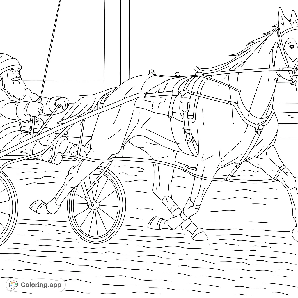 Experience the thrill of a festive harness race! A powerful horse and driver in a Santa suit speed across a winter track in this dynamic, detailed scene.