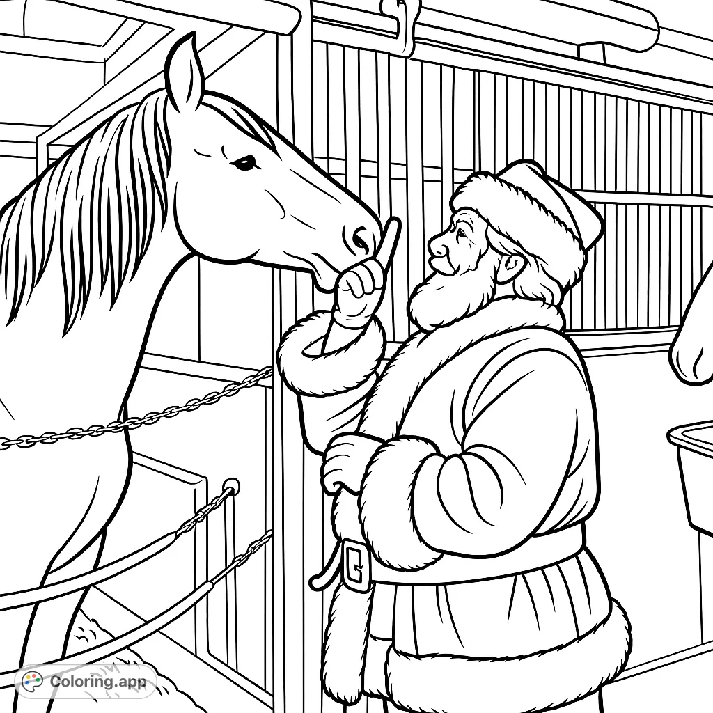 Join Santa Claus in a cozy stable as he shares a tender moment with a majestic horse. A charming scene perfect for holiday and animal lovers!