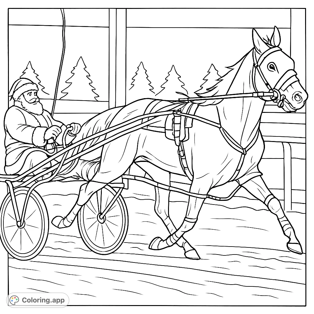 A thrilling holiday harness race featuring Santa Claus driving a spirited horse and sulky under the night sky. Perfect for festive fun!