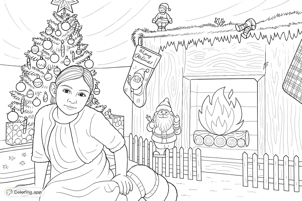 Capture the magic of the holidays with this cozy Christmas scene, featuring a sweet child, a decorated tree, and a festive fireplace with delightful accents. Perfect for all ages.