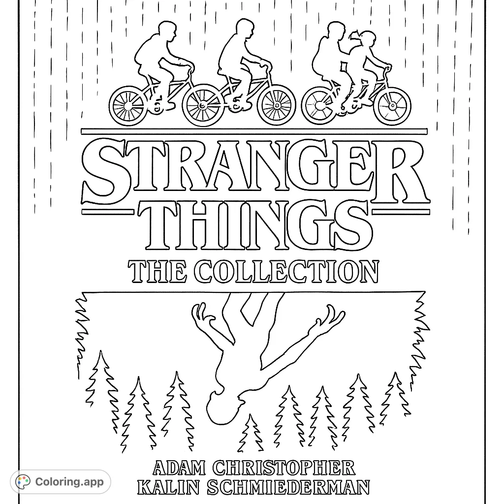 Immerse yourself in the world of Stranger Things! Color iconic bike riders, mysterious inverted figures, and a shadowy forest in this thrilling design.