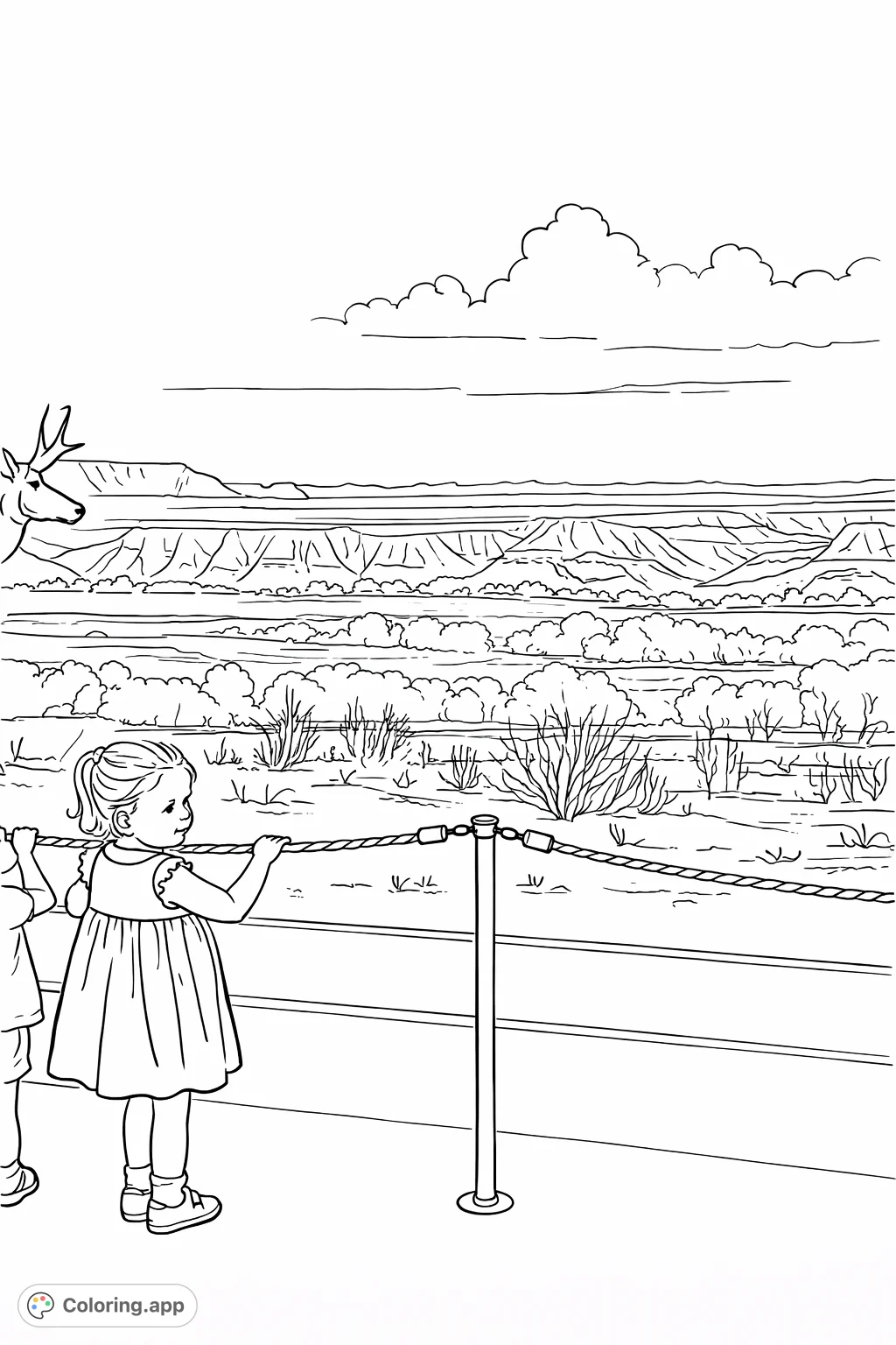 A sweet child gazes at a panoramic landscape diorama, perfect for a peaceful coloring adventure. Free printable landscape coloring page for kids.